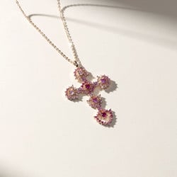 Collier Croix Dentelle Rose