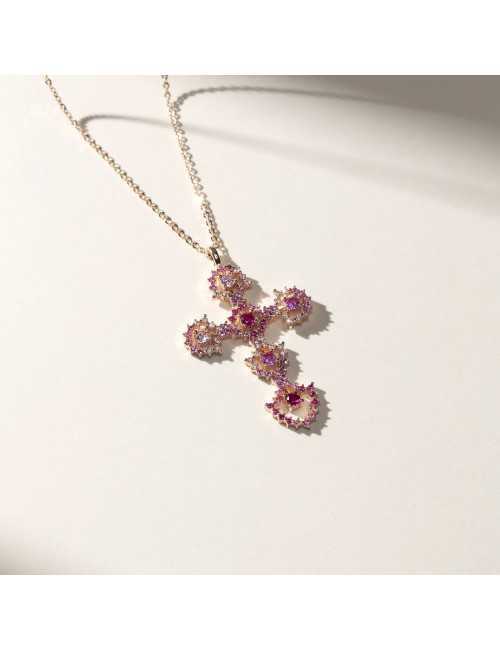 Collier Croix Dentelle Rose